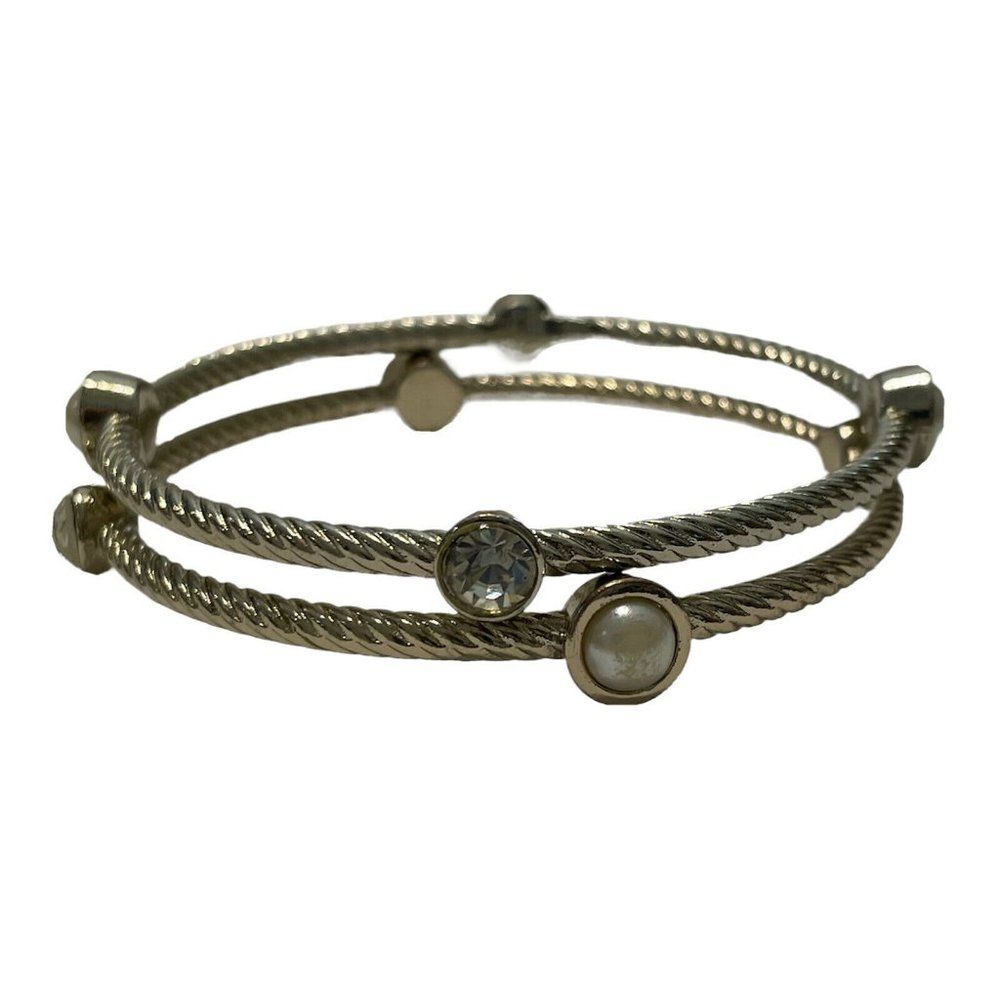 silver tone Cable bangle bracelet pearl Crystal accents Slide On